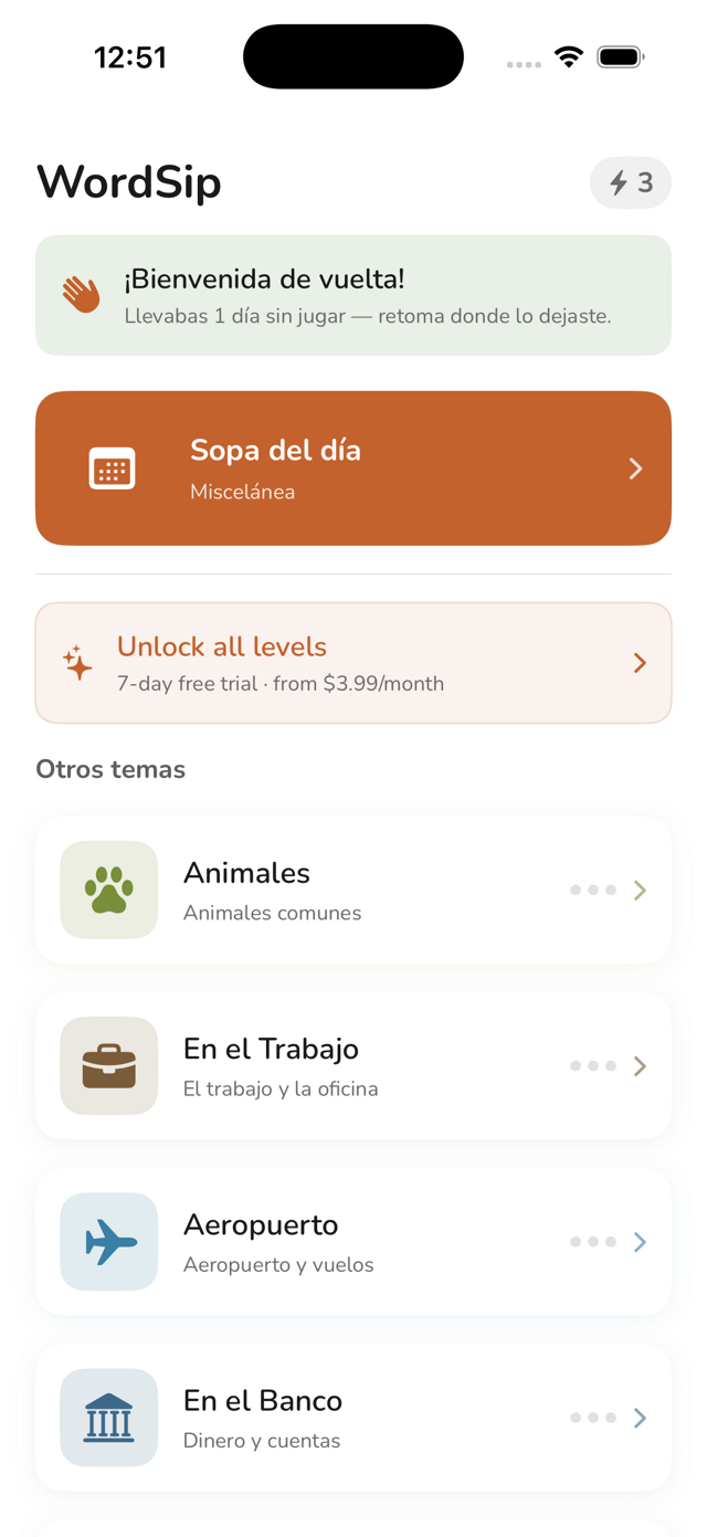WordSip sopa de letras bilingüe mostrando temas de vocabulario en inglés